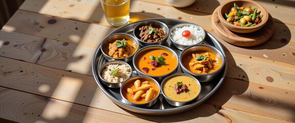 Colorful traditional thali with Indian dishes on wooden table, culinary art