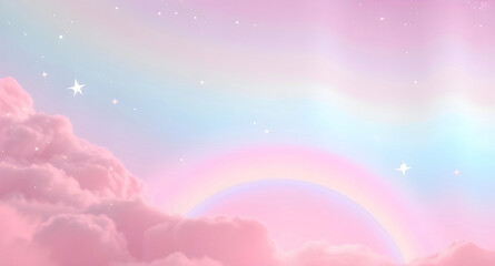 Whimsical Pastel Rainbow Background with Sparkling Stars, Vibrant Pink Clouds, and Soft Fantasy Sky, Iridescent Gradient Backdrop