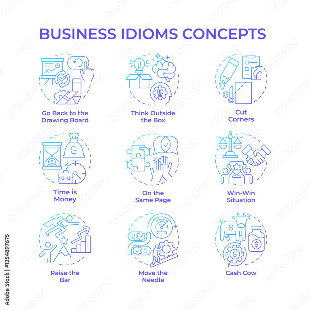 Poster Business idioms blue gradient concept icons. Workflow organization. Teamwork management. Icon pack. Vector images. Round shape illustrations for infographic, presentation. Abstract idea