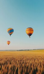 Fototapeta premium Hot air balloons soar above a golden field on a clear, sunny day in a tranquil landscape. Generative AI