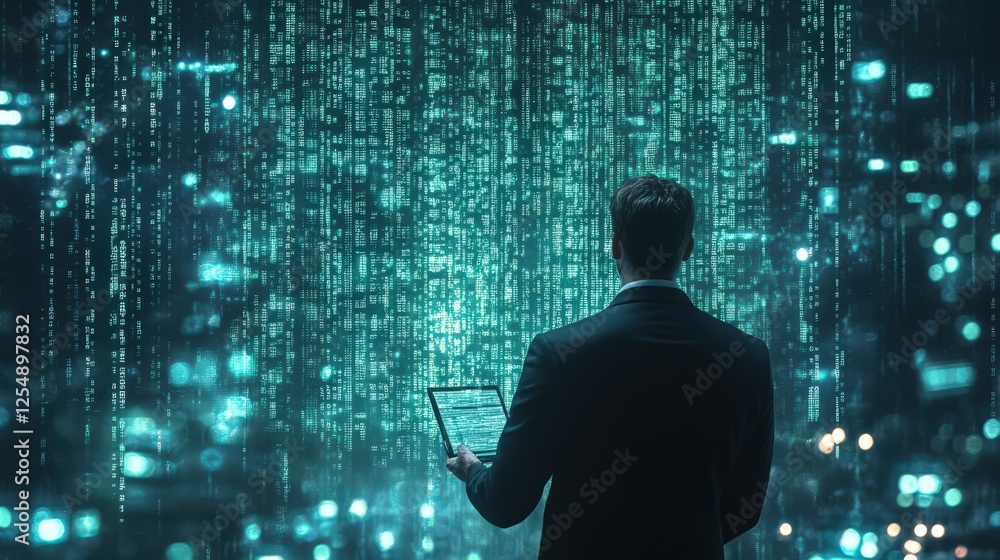 Aufkleber businessman in suit analyzing digital risk management data in front of binary wall