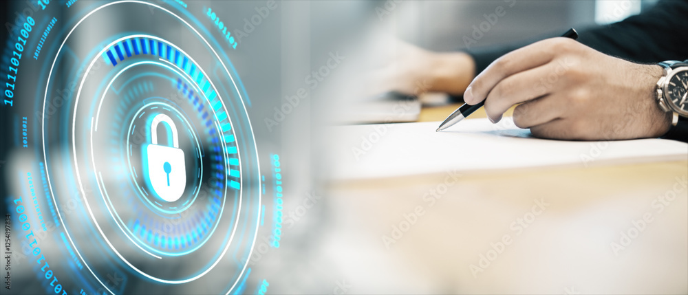 Poster digital padlock hologram interface on virtual display and businessman writing on paper at a desk, sy