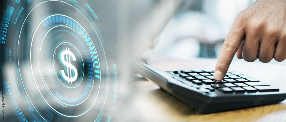 Poster Digital dollar symbol with futuristic interface and person using calculator on desk. Concept of finance, online investment, and accounting.