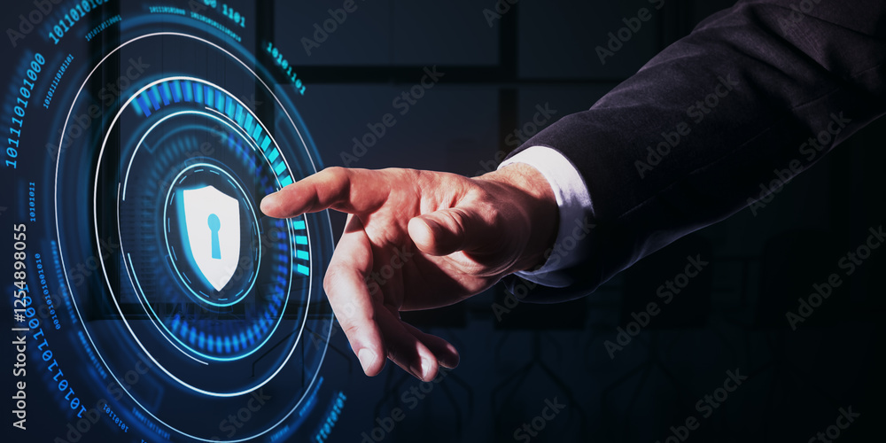 Poster businessman's hand interacting with a holographic security interface on a dark background.