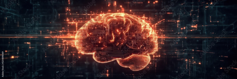 Poster Abstract digital brain with glowing circuits and wires showcasing futuristic technology and artificial intelligence elements. Generative AI