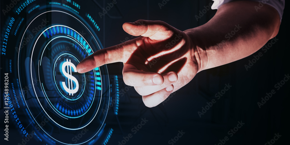 Poster Hand pointing at futuristic digital dollar icon on glowing circular interface.