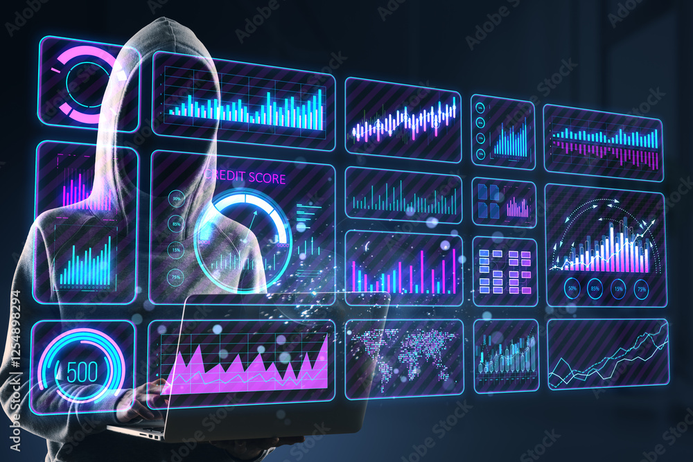 Leinwandbilder Anonymous hacker using a laptop in front of a digital interface with graphs and charts on a dark background. Concept of cybercrime.