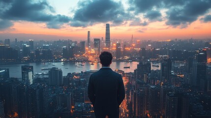 Businessman standing on ledge observing cityscape with digital kyc interface displayed