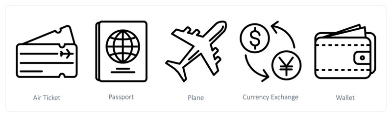 A set of 5 travel icons as air ticket, passport, plane