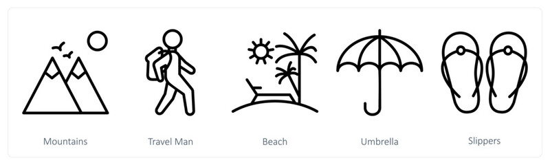 A set of 5 travel icons as mountains, travel man, beach