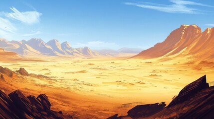 Naklejka premium Vast desert landscape with golden sands under a clear sky