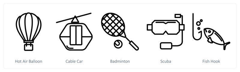 A set of 5 travel icons as hot air balloon, cable car, badminton