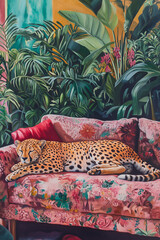 Leopard on a Tropical Patterned Sofa. Luxurious Cheetah Oil Painting Wall Art Poster