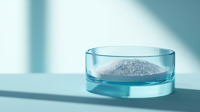 White titanium dioxide powder in round glass container, crystalline texture detail, aqua blue glass rim, minimalist lab presentation, soft diffused lighting, sterile environment