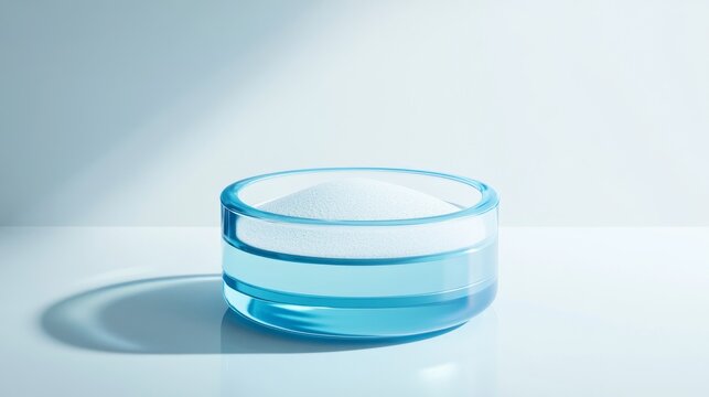 White titanium dioxide powder in round glass container, crystalline texture detail, aqua blue glass rim, minimalist lab presentation, soft diffused lighting, sterile environment