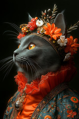 Naklejka premium Cat Portrait in Festive Costume– Vibrant Carnival Artwork for Posters, Wall Art, Phone Cases, Pillow Covers & T-Shirts