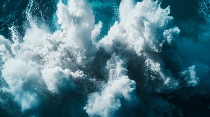 Frozen moment of talcum burst, billowing dust particles, volumetric light effect, deep turquoise backdrop, professional action photography, cinematic atmosphere