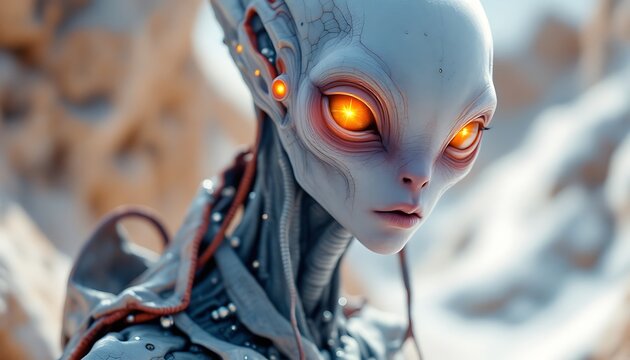 Glowing Eyes of an Alien in a Desolate Landscape