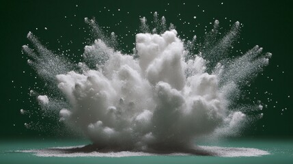 Elegant powder splash explosion, crystalline particle dispersion, floating dust formation, deep sea green atmosphere, dramatic studio lighting, frozen motion capture