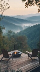 Fototapeta premium Serene mountain deck view with cozy fire pit at sunrise