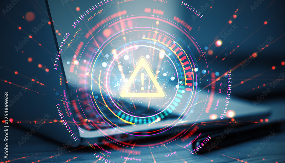 Aufkleber Digital cybersecurity warning sign with glowing futuristic interface and binary code on dark background.