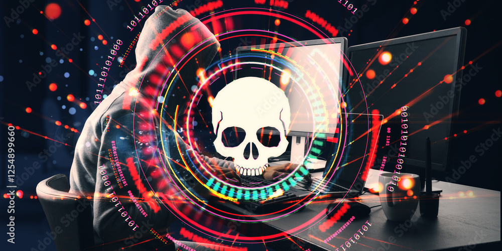 Poster Cybercriminal in a hoodie hacking into a system with a skull overlay.