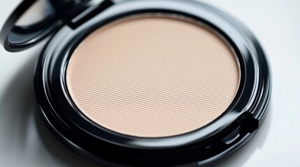 Fototapeta premium pressed compact powder swatches, cream beige pigments, elegant grooved lines, ultra-detailed powder particles, professional beauty product texture, soft matte finish, high-resolution macro shot