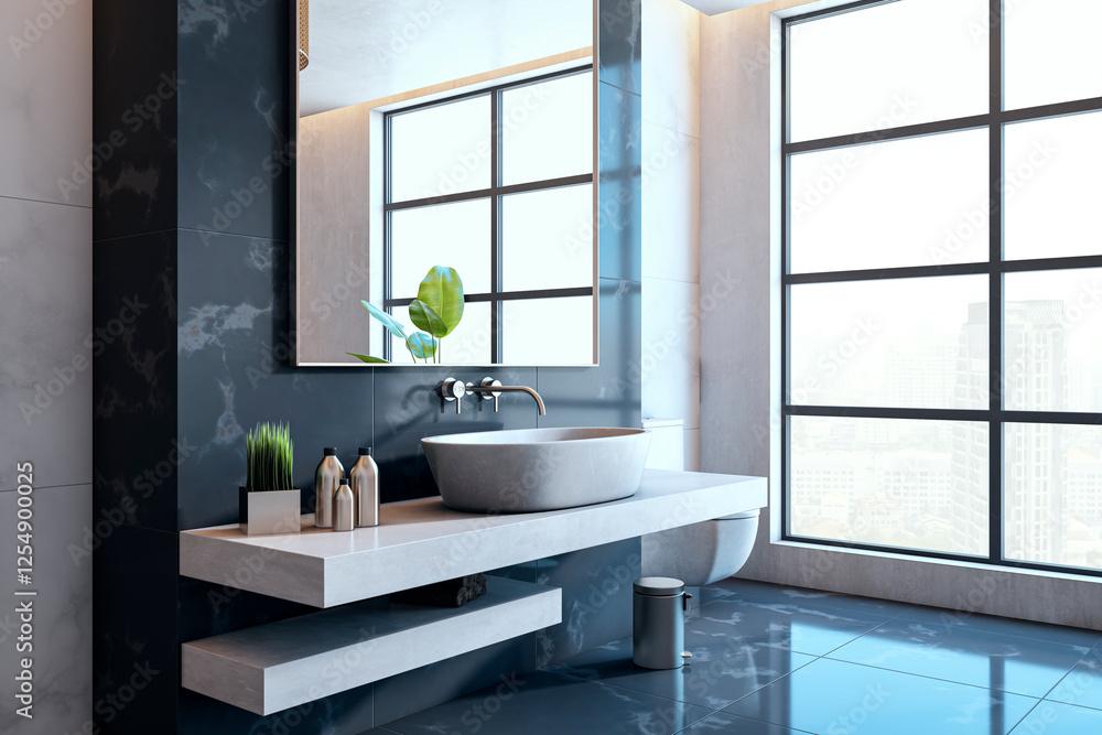Poster modern minimalist bathroom interior with large windows and a sleek washbasin. 3d rendering
