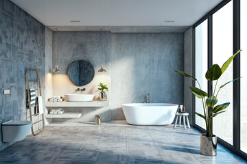 Modern spacious bathroom with concrete walls and large windows. 3D Rendering