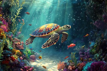 Obraz premium Joyful Turtle Gliding Through Colorful Coral Reef
