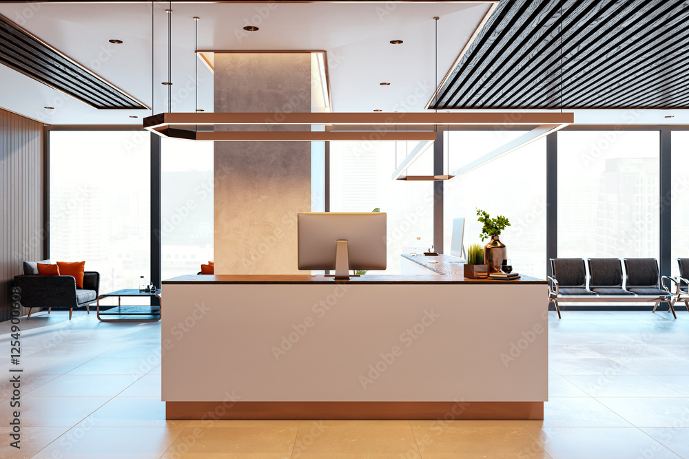 Poster modern reception desk in luxury office lobby with city view. 3d rendering