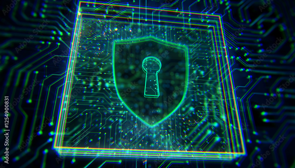Poster Digital shield with keyhole symbol on a neon circuit board background. 3D Rendering