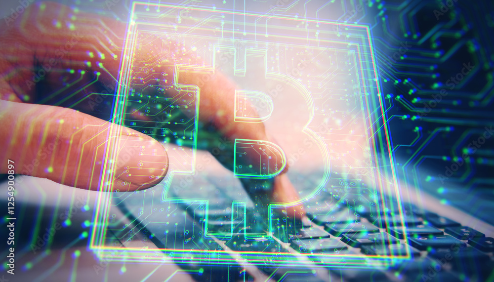 Poster digital bitcoin symbol overlaying fingers typing on a keyboard.