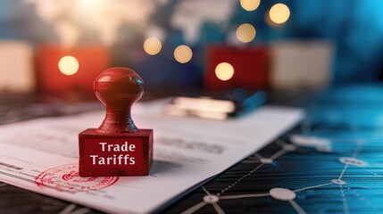 Close-up of a stack of documents with "Trade Tariffs" stamp, showcasing international trade regulations and global economic policies, with shipping containers and world map in the background.