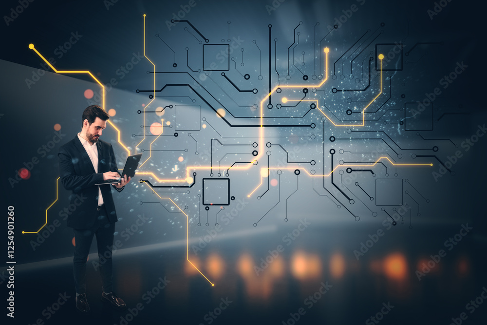 Poster businessman using laptop with glowing circuit board lines on dark background.