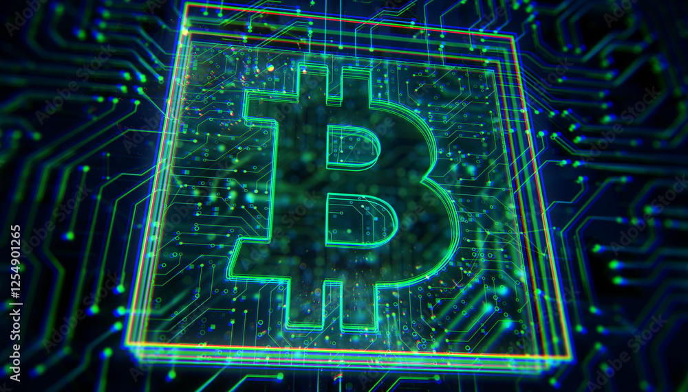 Aufkleber Bitcoin symbol with neon circuit lines on a digital background. 3D Rendering