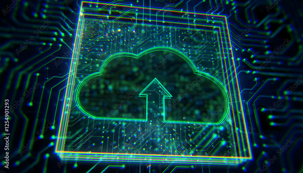 Fototapete Cloud computing upload icon with neon circuit board background. 3D Rendering