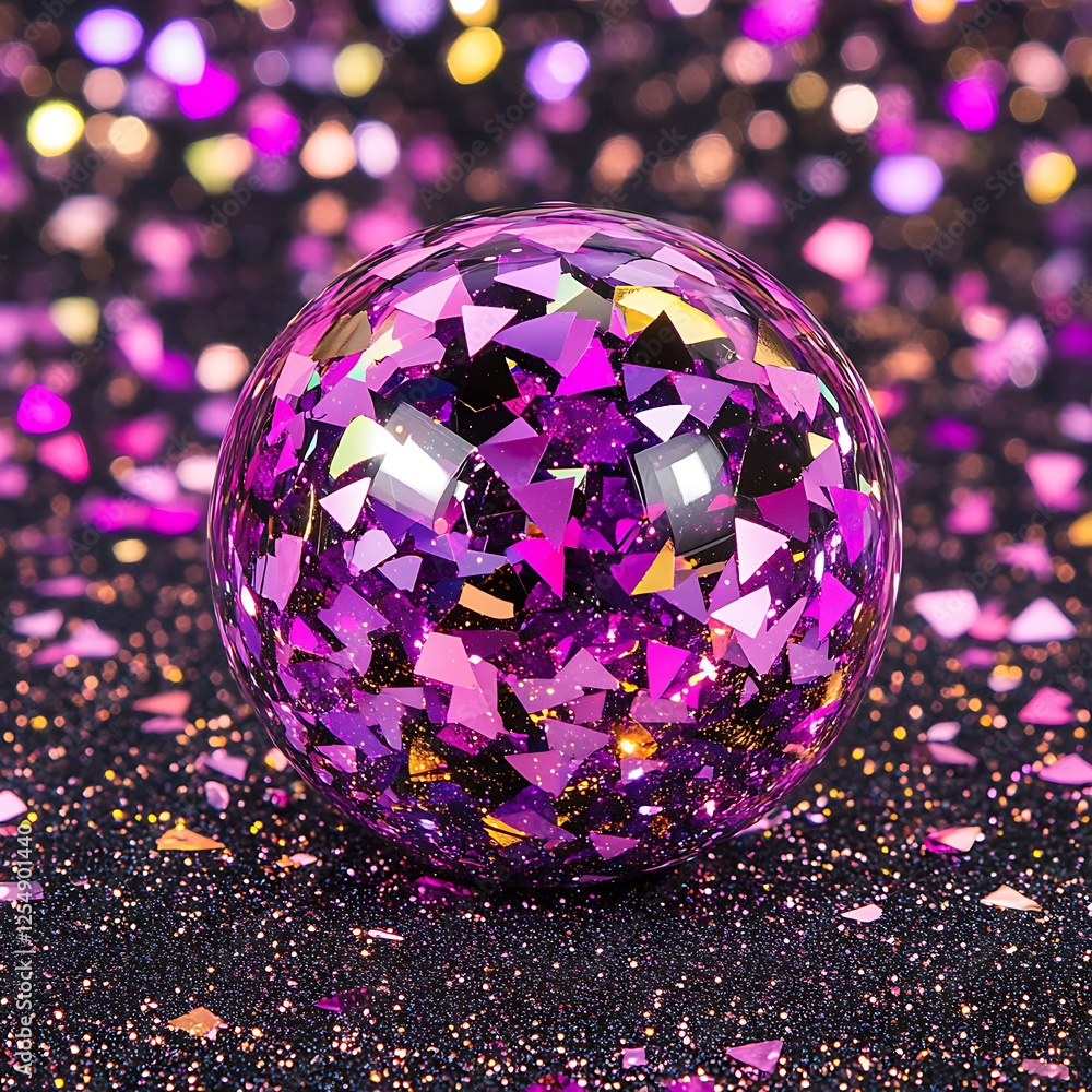 Poster abstract glittering orb with geometric confetti in amethyst and violet hues on sparkly surface