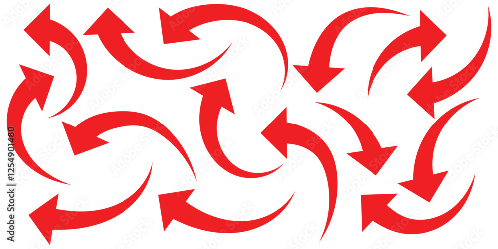 Poster red arrow curve direction vector. set of long red curve arrow icon vector . red curve arrow icon set