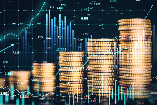 Stacks of gold coins with financial growth charts and data visualization overlay. 3D Rendering