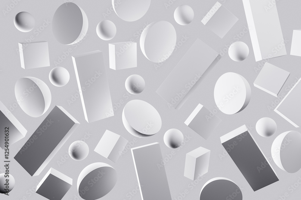 Poster abstract geometric shapes on grey background, minimalistic style backdrop. 3d rendering