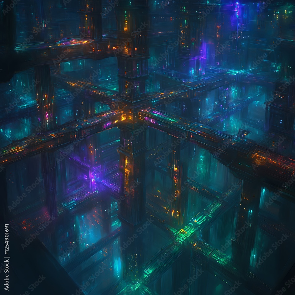 Poster abstract grid network of interconnected luminous pathways digital infrastructure concept