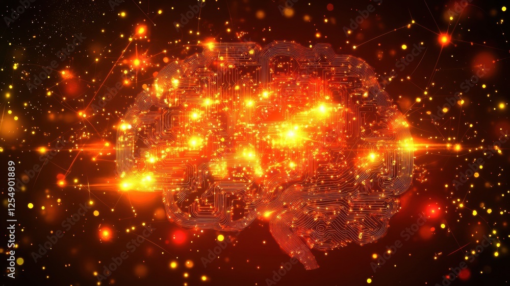 Poster abstract digital brain with intertwined circuits glowing in vibrant light patterns. generative ai