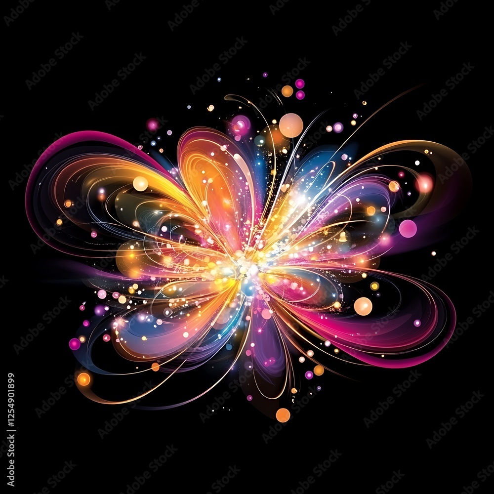 Poster abstract light burst art with vibrant color trails and sparkling dots on dark backdrop design