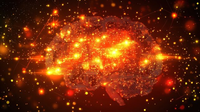 Abstract digital brain with intertwined circuits glowing in vibrant light patterns. Generative AI