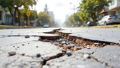 Cracked Asphalt Road in Residential Area