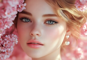 Naklejka premium Close-Up of a Person with Soft Wavy Hair and Pink Blossoms