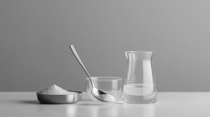 elegant powder pour capture, crystal clear glassware, metallic spoon accent, stark white surface, muted grey atmosphere, contemporary minimal setup, professional studio lighting, pharmaceutical