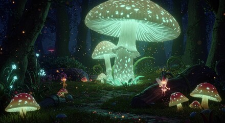 Naklejka premium Enchanting Glowing Mushrooms Fairy Forest Night Scene