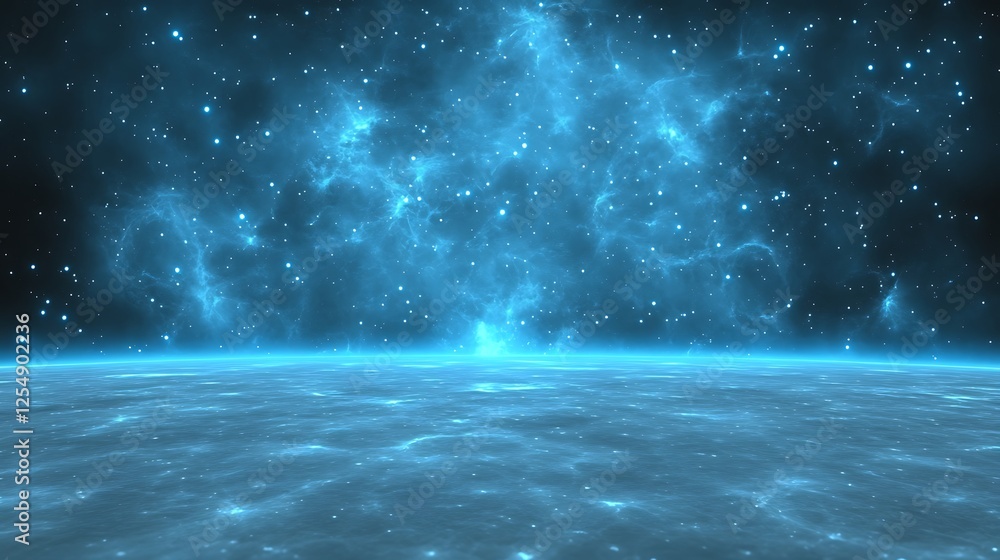 Poster abstract nebula space view with planet surface simulation and sparkling stars and deep hues